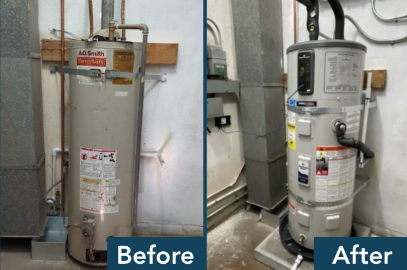 Before and after pictures of a heat pump water heater installation. Before picture shows an older heat pump water heater unit while the After picture shows a newer and improved unit that is energy efficient.